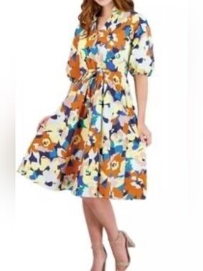 Seven7 Floral Midi Dress in Orange, Blue, Cream